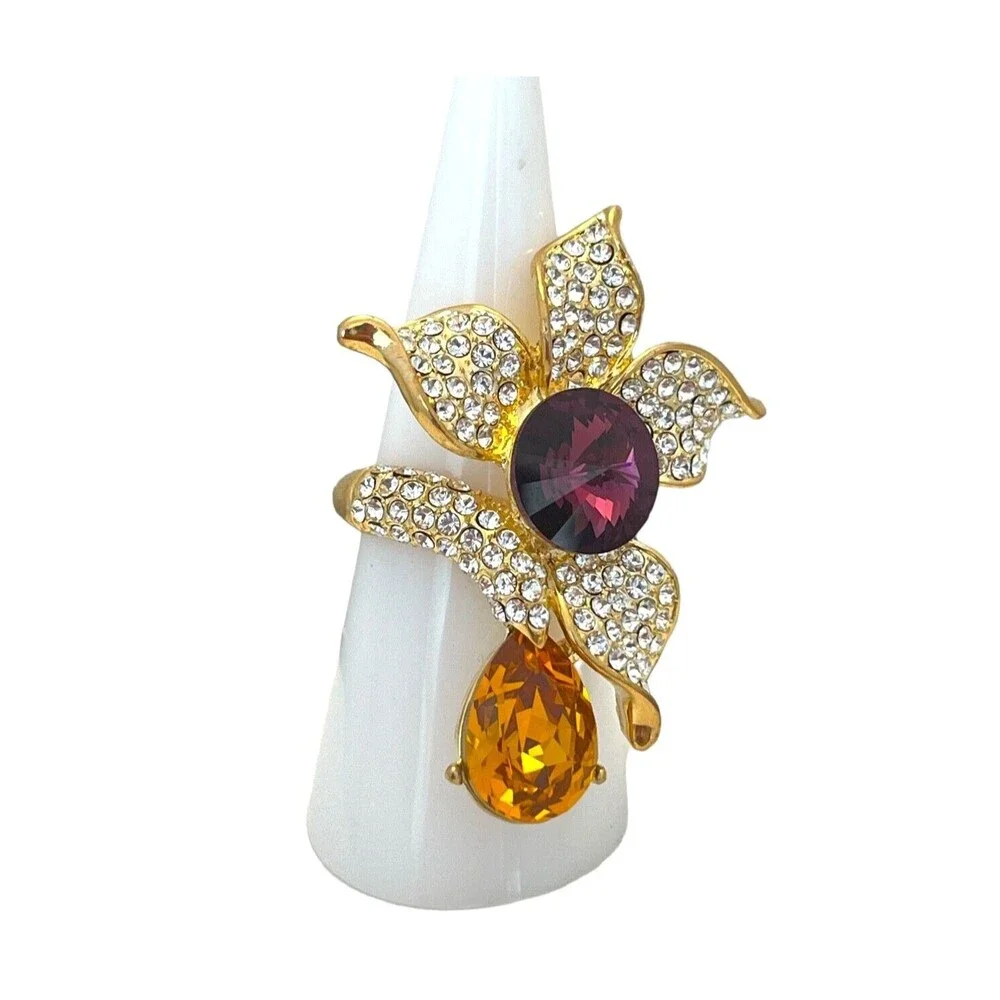 New Crystal Floral Statement Ring Rivoli Orange Drop Gold Tone Size 7.75 - 5T